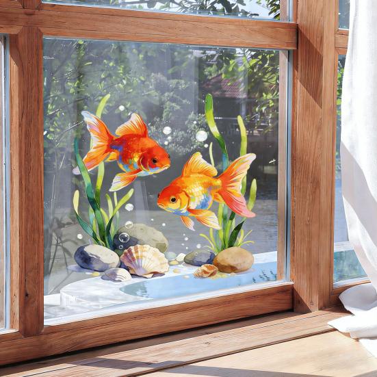Goldfish Window Sticker Static Cling Window Decal Waterproof Removable Window Cling for Bathroom Living Room Bedroom