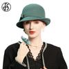 FS Vintage Agate Green Millinery Wool Felt Hats For Women Elegant Fashion Curl Brim Winter Fedoras Formal Dress Party Cap Female