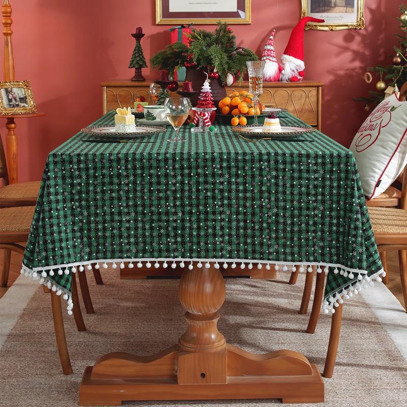 Festive Christmas Tablecloth With Gold Thread Red Plaid Tassels Decor Cotton Blend Rectangular Dining Table