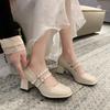 Hot Selling Spring and Autumn Fashion Women's Shoes Solid Color Square Toe Shallow Mid-heel One-line Buckle Women's Mary Jane