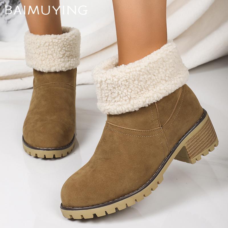 Ботильоны женские меховые зимние замшевые на среднем каблуке дизайнерская обувь короткие плюшевые массивные ботинки челси 2024 года трендовые зимние туфли-лодочки Botas Mujer