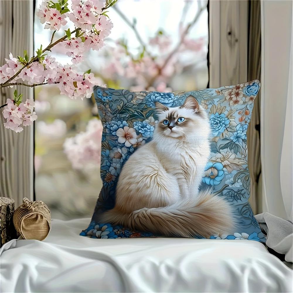 Ragdoll Cat Floral Throw Pillow Cover Blue Vintage Botanical Decorative Pillow Case For Cat Lovers