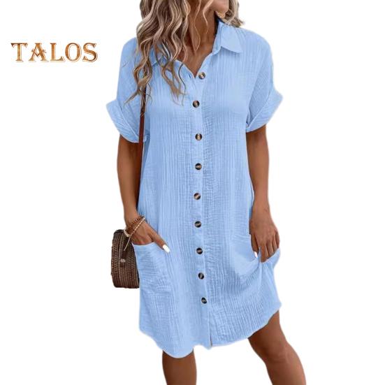 Летнее женское платье с отложным воротником, однобортное, свободное, с короткими рукавами, свободное, однотонное, с накладным карманом, длиной до колена, для отдыха, миди-платье