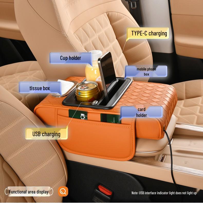 Ромбовидный зарядный подлокотник для автомобиля с кожей наппа, двойным подстаканником, хранилищем и коробкой для салфеток.