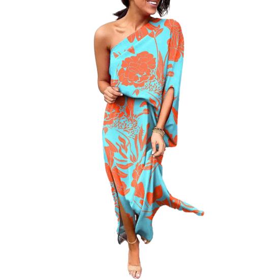 Женское платье макси на одно плечо с рукавами «летучая мышь» и цветочным принтом, длинное платье с разрезом