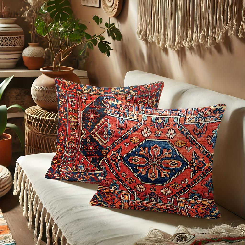 Exquisite Ethnic - Style Pillow Cover: Intricate Geometric Patterns In Vibrant Reds and Blues,Sofa Decoration Cushion Cover