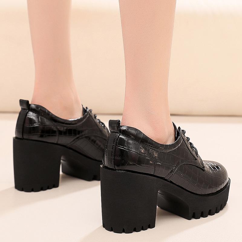 8cm Small Size 32-43 Deep Mouth Women's Block Square Heels Shoes Platform 2025 Fall Winter Bright Leather Oxfords Office Mom