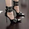2024 Women Pointed Toe Pumps Gothic Metal Rivet High Heel Shoes Women Fashion Ankle Strap Sexy Party Thin Heel Shoes Sandalias