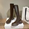Ботинки на толстой подошве с плоским голенищем 2025 новые высокие ботинки на толстом каблуке, но для полных коленей, мм расширенные, с задней молнией, рыцарские ботинки