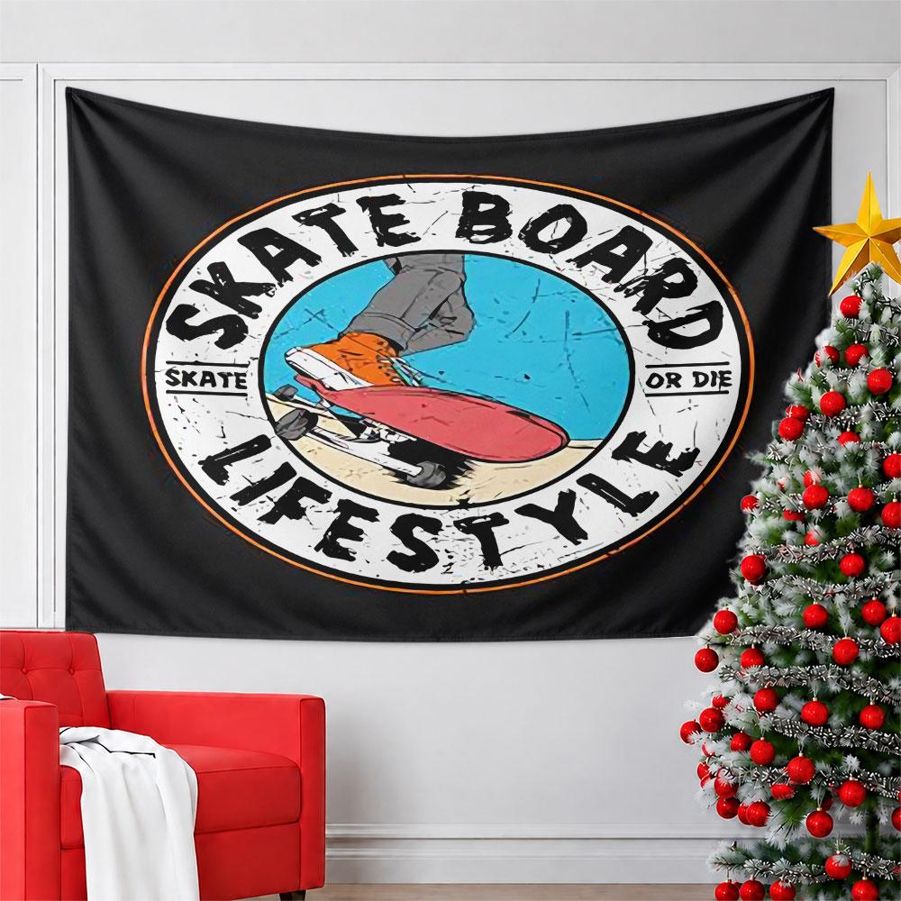 Skateboarder with orange shoes and red board in a circular emblem design. Patterned tapestry for bedroom and living room home decor