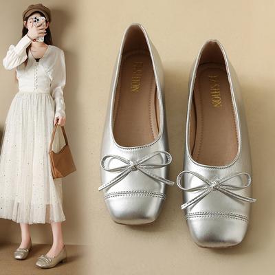 Туфли-балетки в стиле ретро с мелким вырезом и плоской подошвой, женские новые осенние туфли Мэри Джейн с квадратным носком и бантом, женские