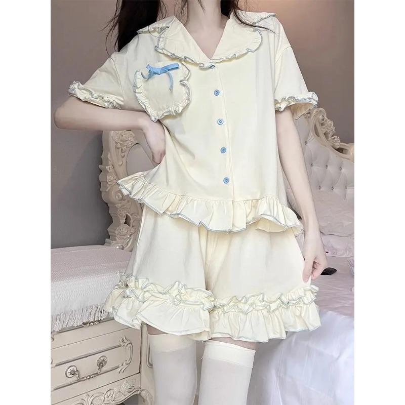 Sweet Sleepwear Women Pajama Sets Lingerie Short Sleeve Cardigan Shorts Princess Japanese Loungewear Ruffles Pajamas