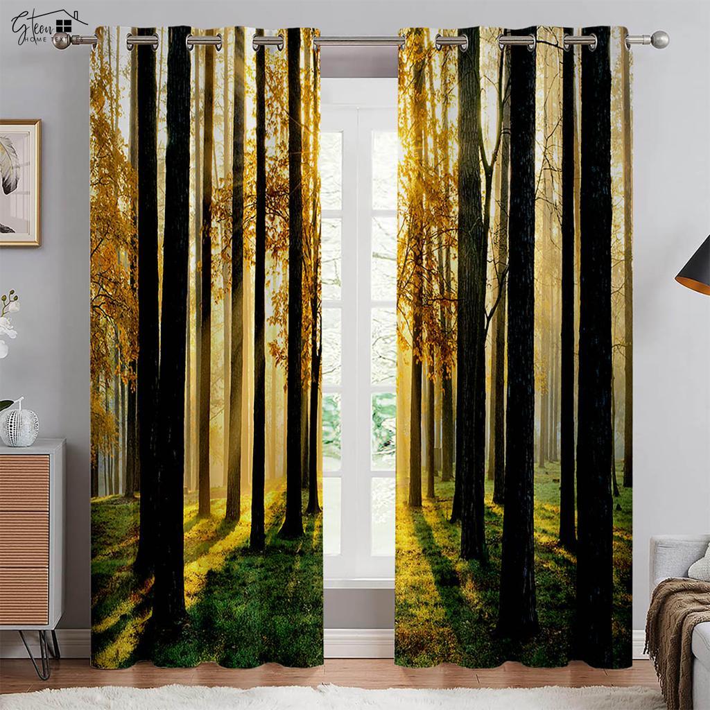 Лесные 3D-занавески с изображением леса, пейзажа, зеленого солнца, осени, кленовых листьев, природы, жизненной силы, кармана для переноски, легко стирать, занавески