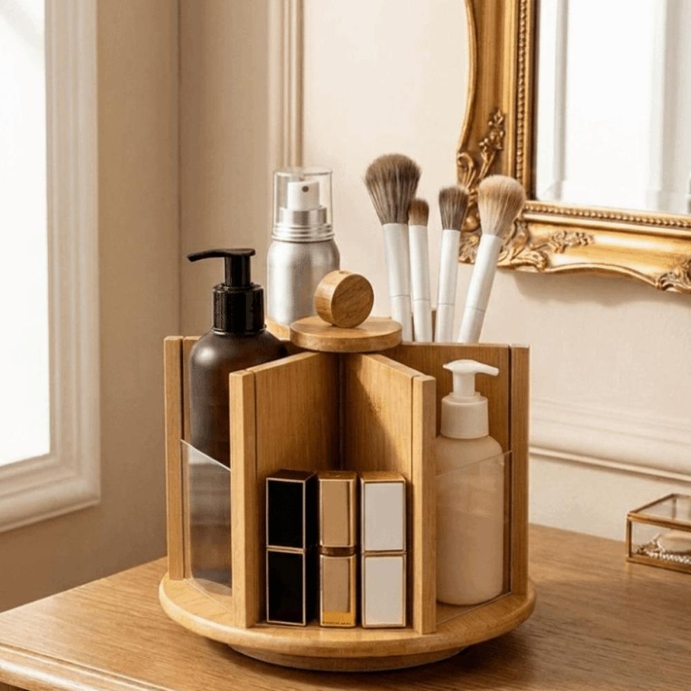 Bamboo Rotating Cosmetic Storage Box Large Capacity Makeup Organizer Bathroom