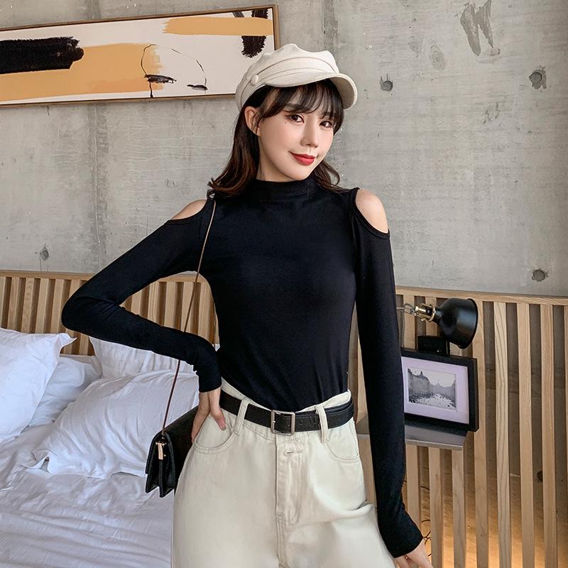 Женский черный топ с открытыми плечами, облегающий, с длинным рукавом, в корейском стиле