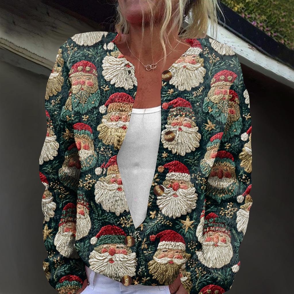 Women's Fashion Christmas Print Long Sleeve Knitted Cardigan Button Jacket