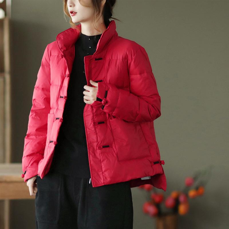 Vintage artistic frog button stand-collar lightweight down jacket for women, loose thickened versatile white duck down warm bread jacket