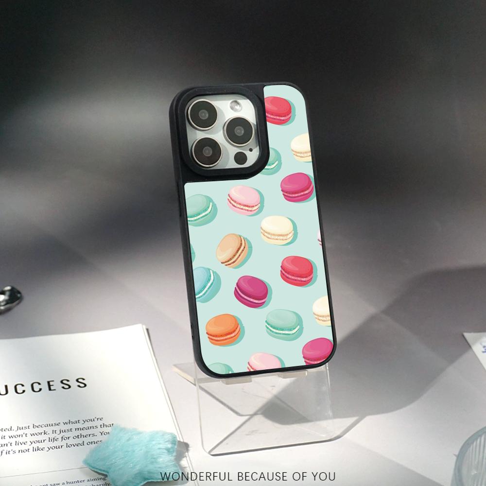 Macaron Cute pink girl pattern Phone Case for iPhone 17 16 e 15 14 13 12 Pro Max Sheepskin Silver-edged protective case