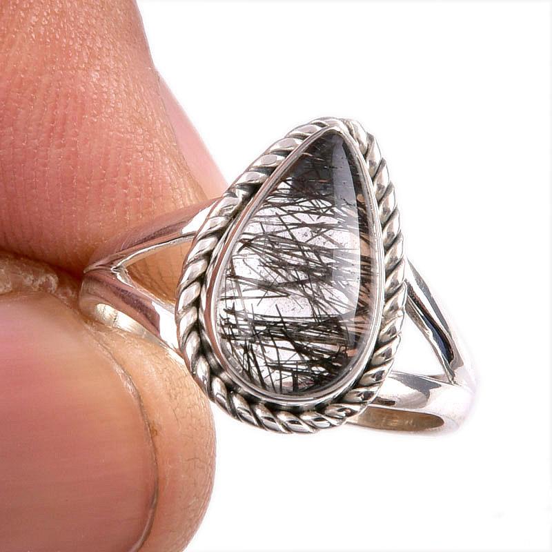 Natural Black Rutile Gemstone 925 Solid Sterling Silver Jewelry Ring Size 6 P1y96