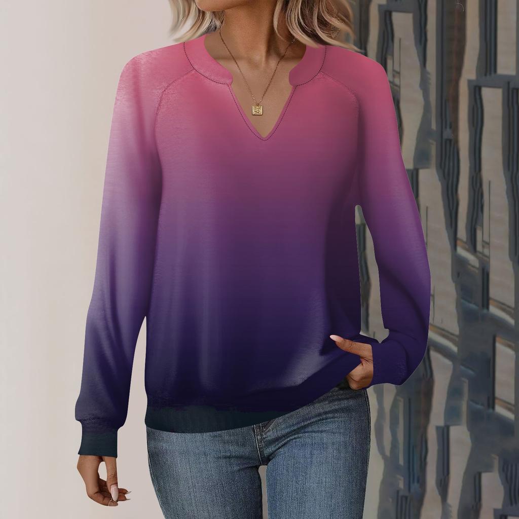 Женская повседневная толстовка с длинным рукавом и V-образным вырезом, свободный пуловер с градиентным принтом
