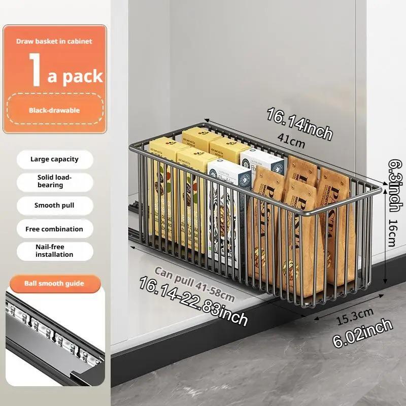 Pull Out Kitchen Storage Basket with Rails Carbon Steel Rustproof Pantry Organizer Cabinet Organizer Rack for Under Sink Estante