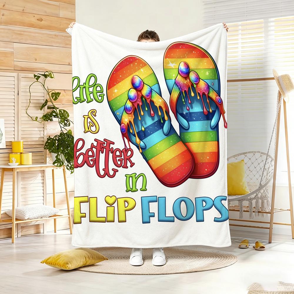 Summer Retro Flip Flop Throw Lightweight 240g Flannel Blanket Soft Skin-friendly for Summer Cooling