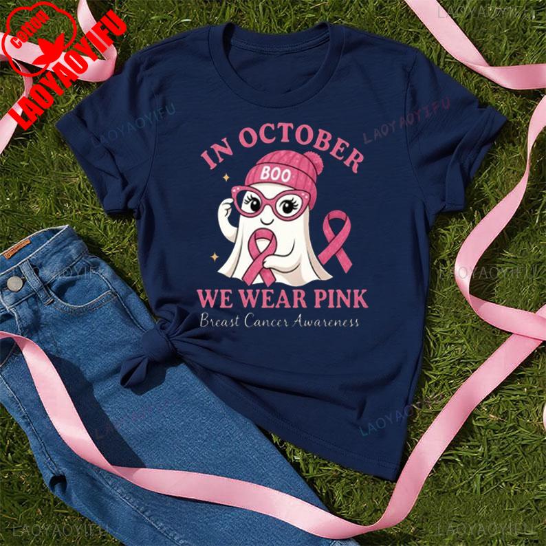 Breast Cancer Shirt In October We Wear Pink Bella Canvas Ghost Tee New Arrival Breathable Halloween Pink Ribbon Graphic Tshirt