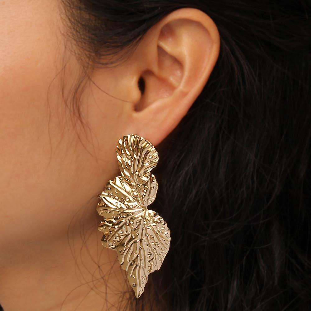 Metal Leaf Earrings With Gold Coating And Bold Design For Holidays And Events