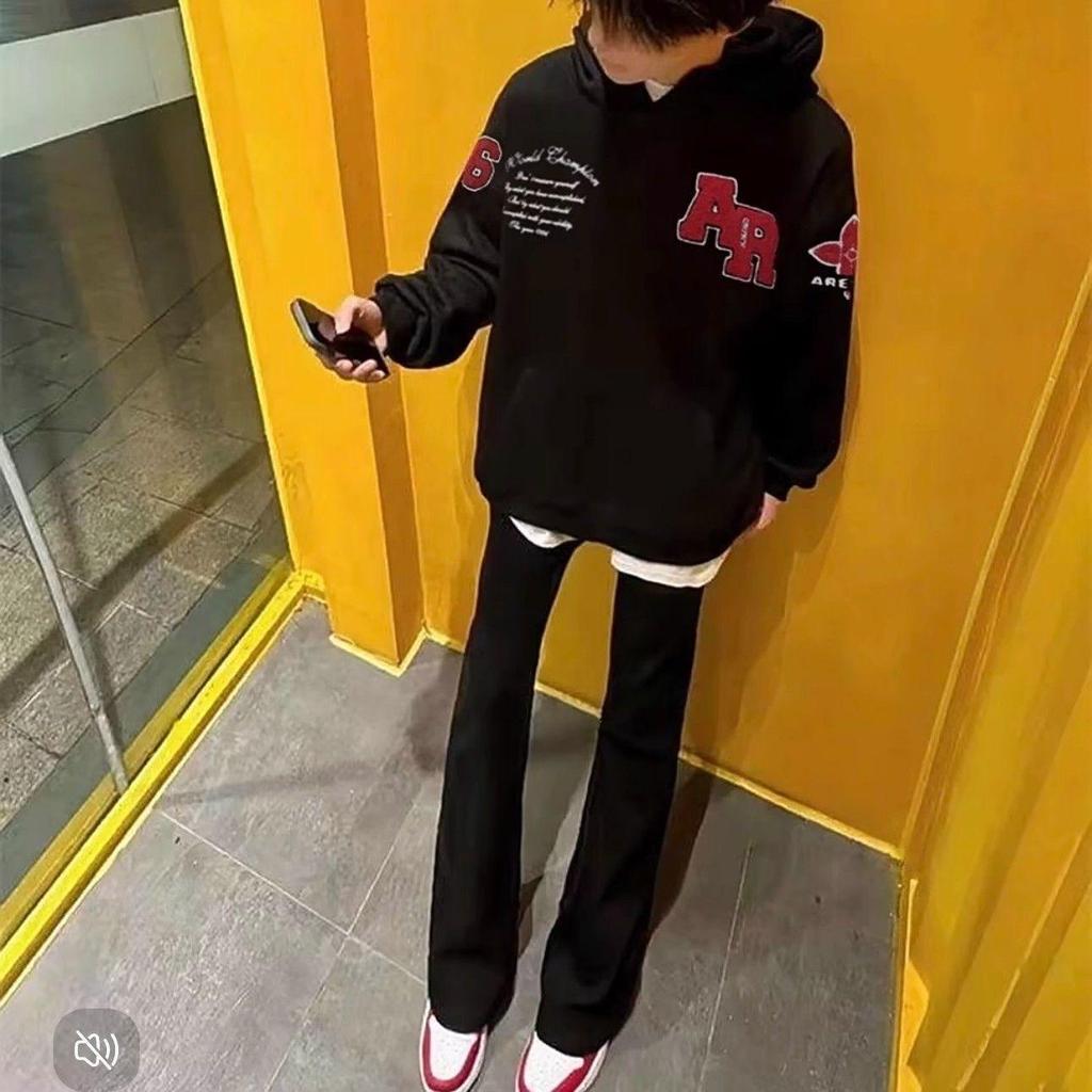 Unisex Guochao Heavyweight AR Embroidery Hoodie with Stand-Up Collar, Velvet Lined, Loose Fit, Autumn/Winter Style.