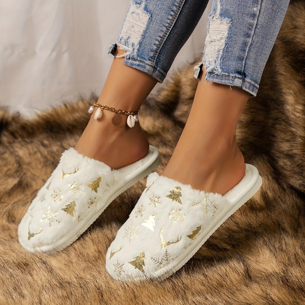 Christmas Pattern Plush Winter Slippers, Cozy & Warm Slip On Fuzzy Flat Shoes, Closed Toe Indoor Floor Slippers