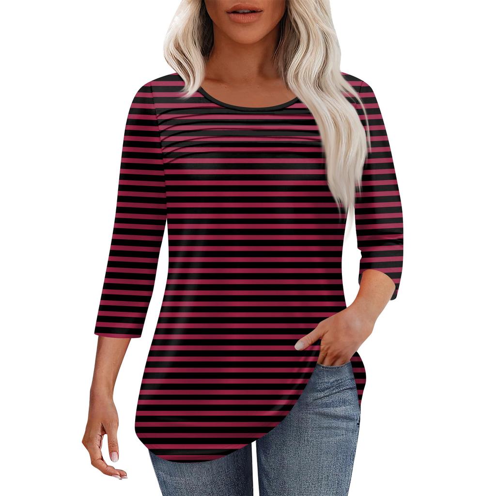 Женская мода круглый вырез шея плиссированная передняя планка с принтом рукав 3/4 топ