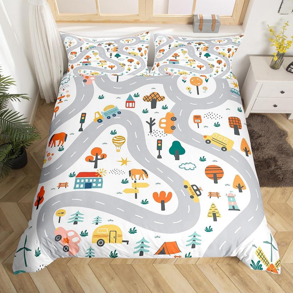Мультяшные Машины Пододеяльник Односпальный Двуспальный Набор Постельного Белья Городские Дороги Нарисованный Вручную Грузовик Велосипед Чехол для Одеяла для Мальчиков Подростковая Комната Декор