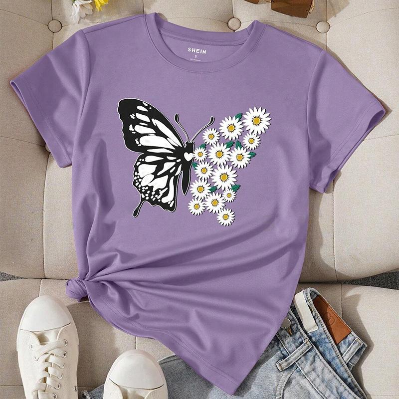 Fashion Women Animal Butterfly Print T Shirt Funny Casual O-neck Short Sleeves T-shirt Summer Female Tee Shirt