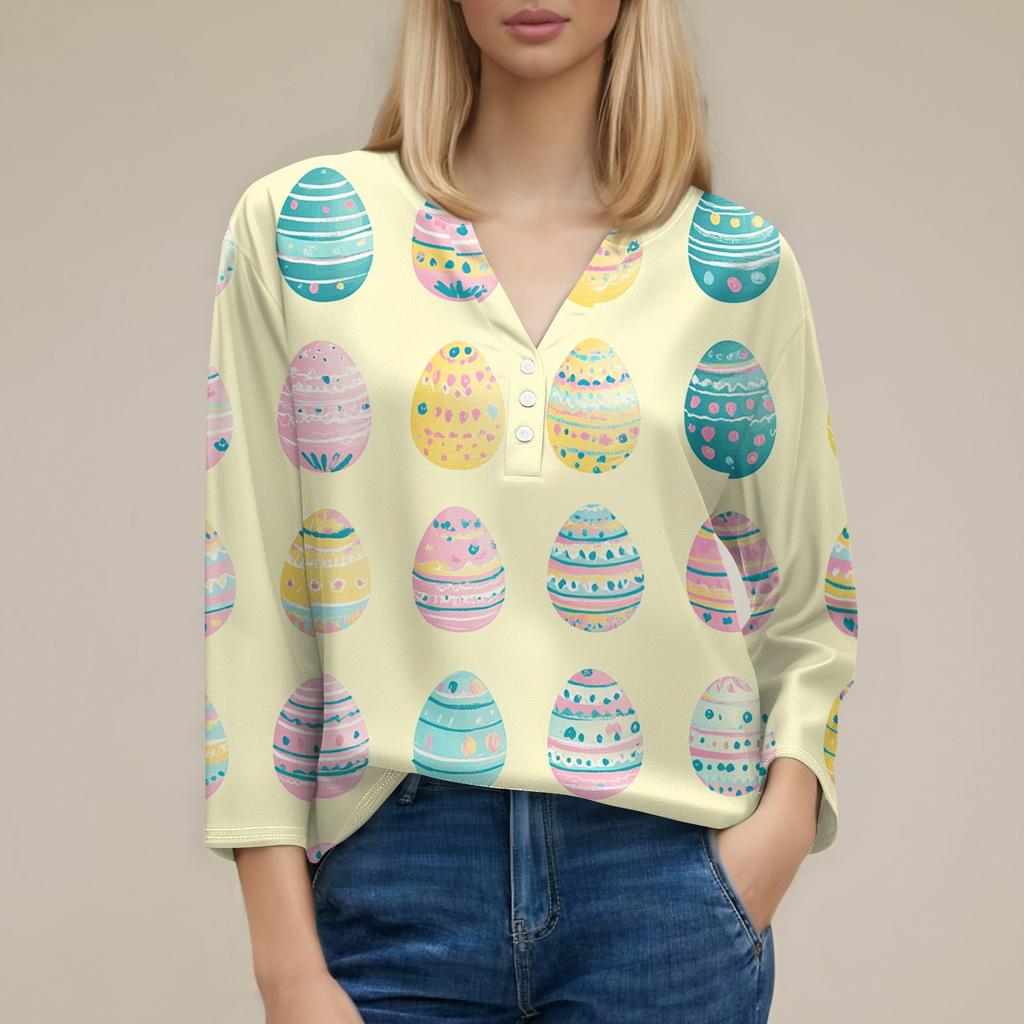 Жен. Футболка Футболка С принтом Пуговицы Рукав 3/4 Повседневные Выходные Мода Классический V-образный вырез Обычный Топ