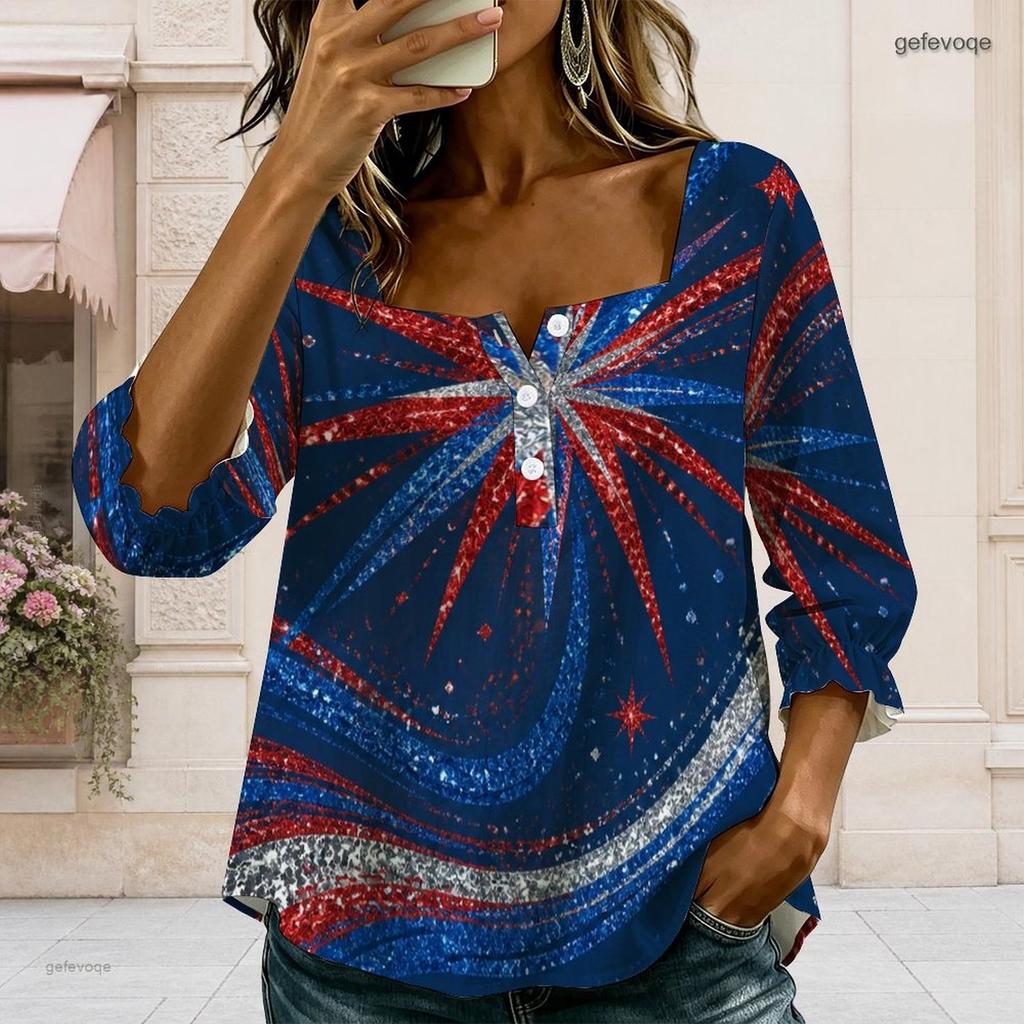 Womens Plus Size Square Neck Long Sleeve Front Button Soft Loose Elegant Casual Everyday Ladies Blouse