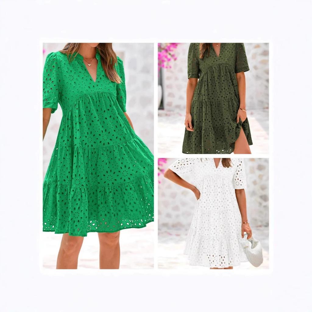 2026 Женская пляжная юбка с коротким рукавом Французское платье с V-образным вырезом и ажуром Высококачественное платье А-силуэта