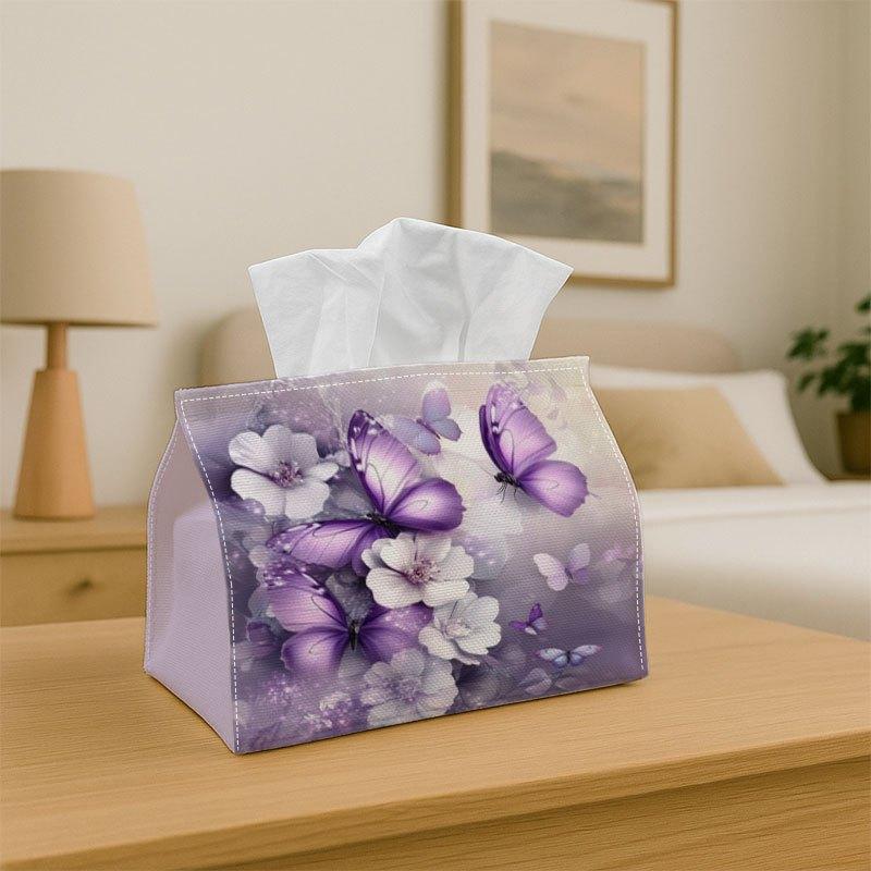 2D Flat, 1pc Butterfly Tissue Box Cover, Purple Butterfly And White Flowers Diamond Painting, Soft Fabric Decorative Box with Foldable Lid, Compact An