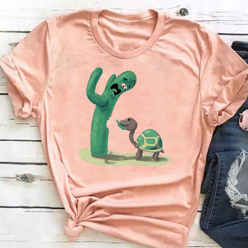 (Asian Size) Short Sleeve Print Cactus Trend Lovely Style Female T Clothing Summer Top Casual Ladies Graphic Tee Women's Fashion T-shirt