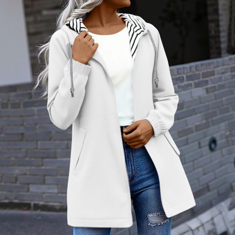 Womens Casual Hooded Long Sleeve Mid-Length Windbreaker Water-Resistant Zip Coat
