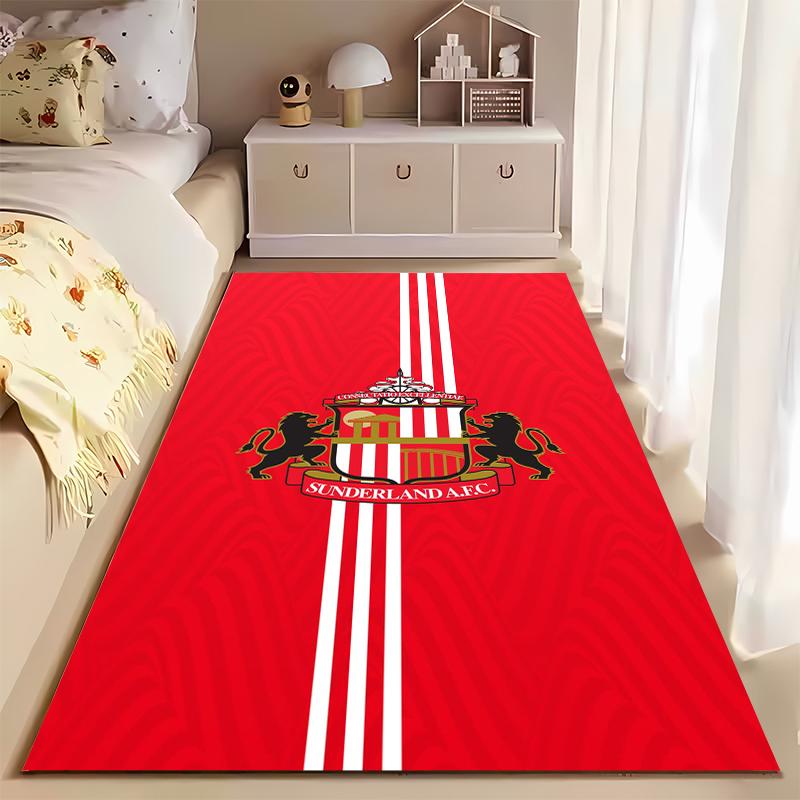 Football Club Area Rug, Sunderland AFC Crest Red White Stripes Print, Soccer Fan Supporter Pub Decor, Non-Slip Mat