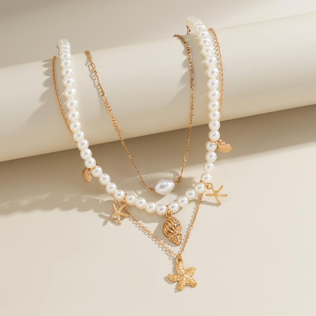 Ocean Starfish Shells Pendant Mulitlayer Choker Necklace For Women Imitation Pearl Party Jewelry Accessories