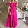 Women Party Dress Off Shoulder Shirring Lace Up Elastic Waist Short Bubble Sleeve Patchwork Hem Solid Color Ruffle Full Length Prom Ball Maxi Dress