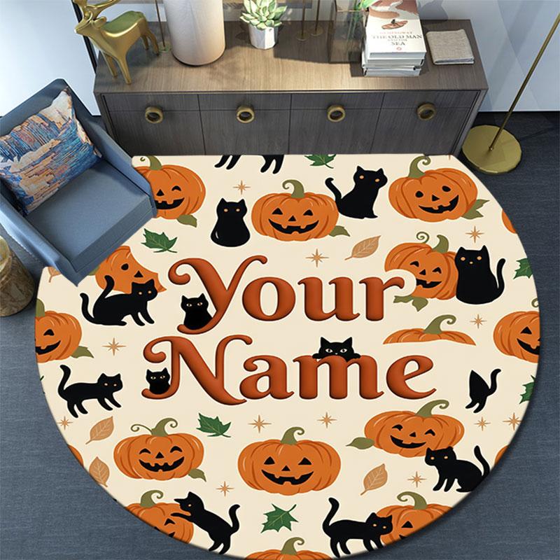 Custom Name,Vintage Halloween Pumpkin Black Cat pattern round rug,Carpet Rug for Living Room Bedroom Playroom ,Non-slip Floor Mat,Holiday Gifts and Bi