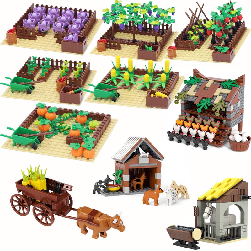 MOC Игрушки Сборка Сельскохозяйственные Животные Строительные Блоки Городской Пейзаж Курятник Цветы Огород Животная Сцена Блок
