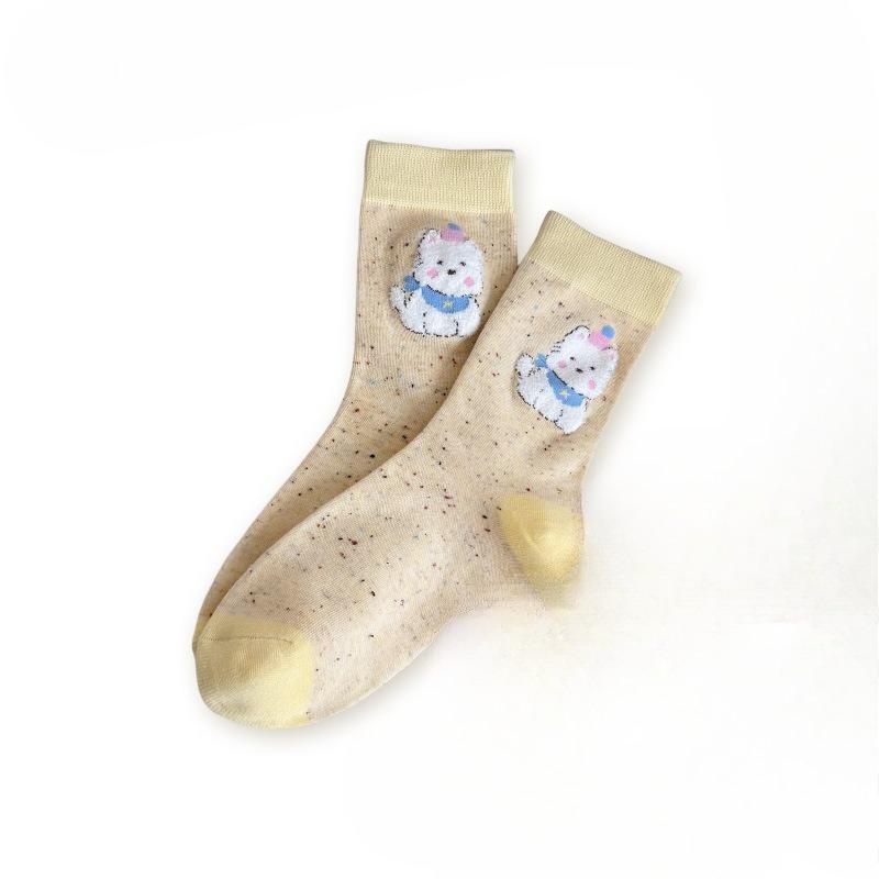 Female Spring and Summer Tie-in Color Yarn Lovely Cartoon Flock Puppy Tube Socks