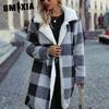 Glitzy Autumn Women's Lapel Long Sleeve Button-free Plaid Long Cardigan Double-sided Casual Coat