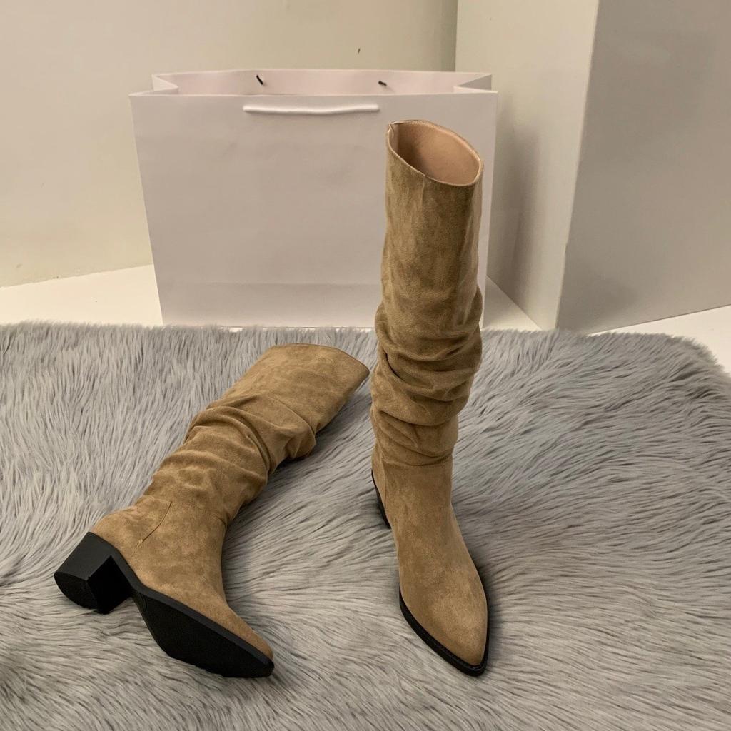 Fashion Women's Boots High Heels Long Boots Shoes New Autumn Winter Plush Pointed Anti Slip Wrinkled Fashion Outdoor Knight Boots