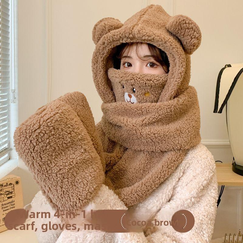 Шапка на осенне-зимний сезон, детская милая шапка с маленьким медведем, комплект из трех предметов: шарф, теплый и ветрозащитный, с защитой ушей