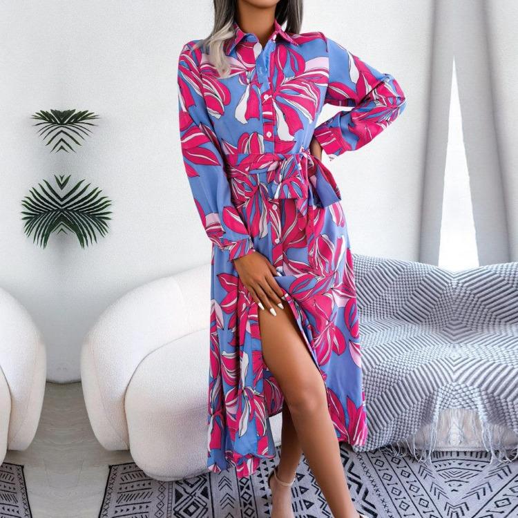 Polo Collar Shirt Dress for Women Floral Lace Up Long Dress Single Breasted Contrast Style Spring Summer Ladies Fashion