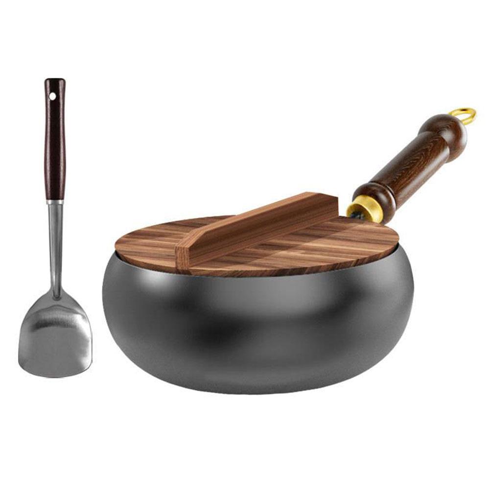 24CM Nonstick Wok Wooden Handle Non-Stick Pan with Lid Iron Wok for Home Camping Restaurant Hotel Kitchen